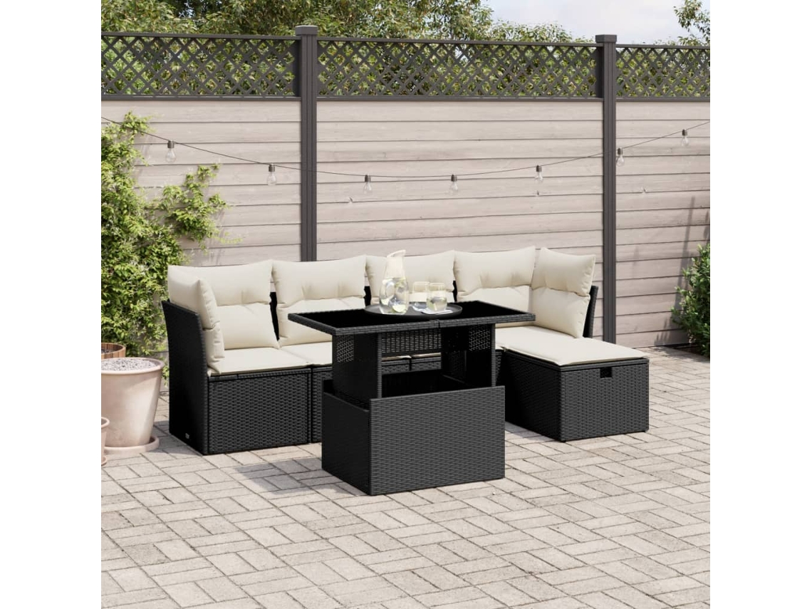 Vidaxl 6 Pcs Conjunto Sofás De Jardim C/ Almofadões Vime Pe Preto