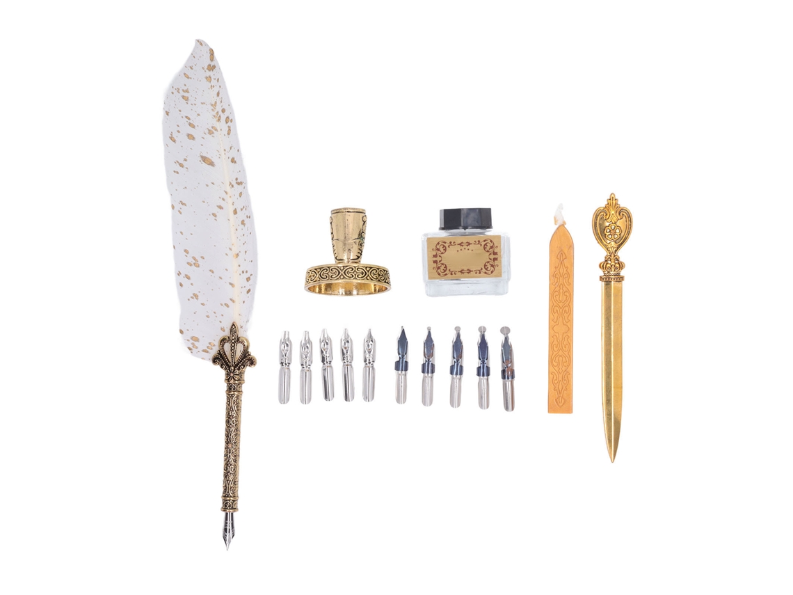 Conjunto de canetas Pena com 10 pontas intercambiáveis, acabamento em cera laqueada, estilo retrô, abridor de canetas e caneta branca.