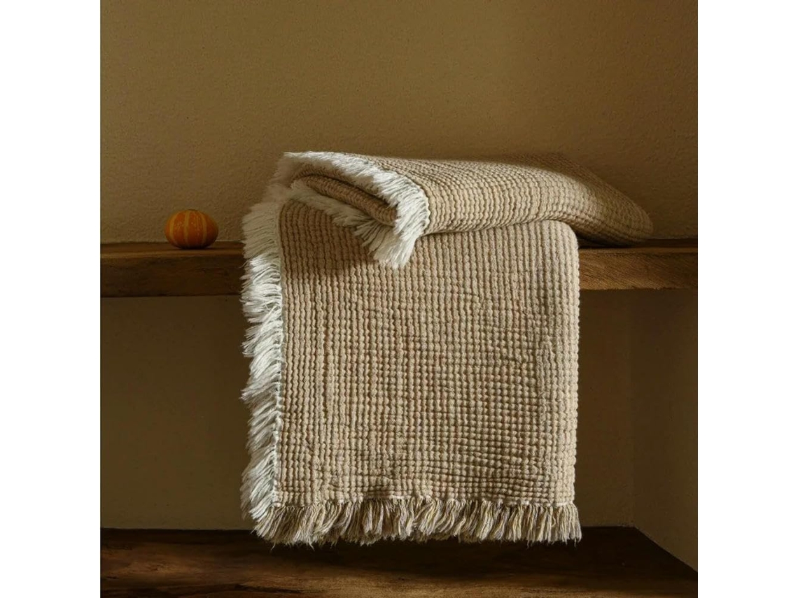 Manta de Algodão e Linho com Pompons Simples Cor Sólida para Sofá Respirável Decoração Casa, Macio, Quente, Id