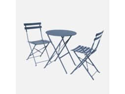 Conjunto De Jardim Com Mesa Bistrô Dobrável Em Aço Com 2 Cadeiras, Ø60cm, Azul Cinza