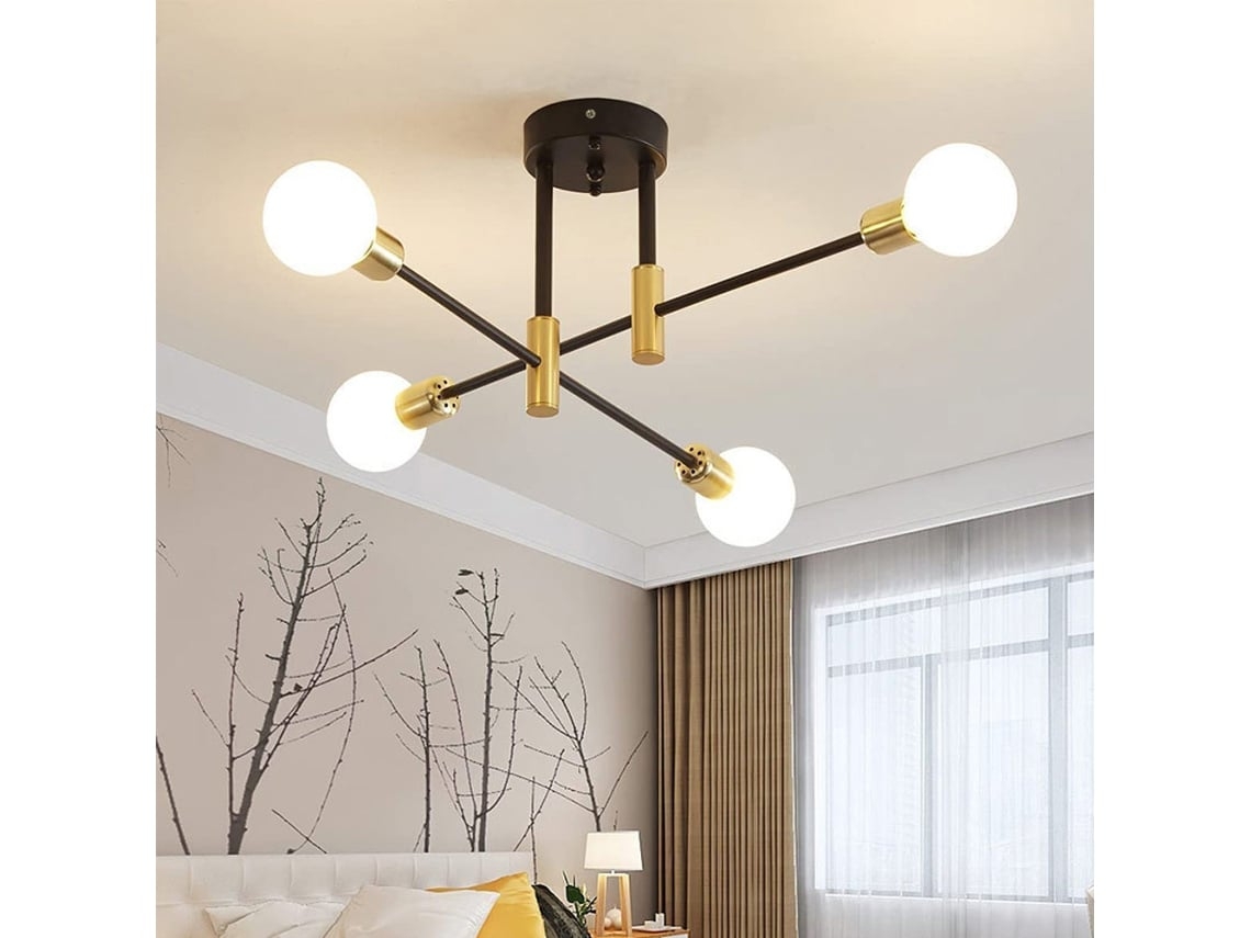Candeiro de Teto Simples, com Poste em Ferro, Casquilho E27 e 4 Luminárias Modernas, Ideal para Sala Estar Jantar STELASPLEN