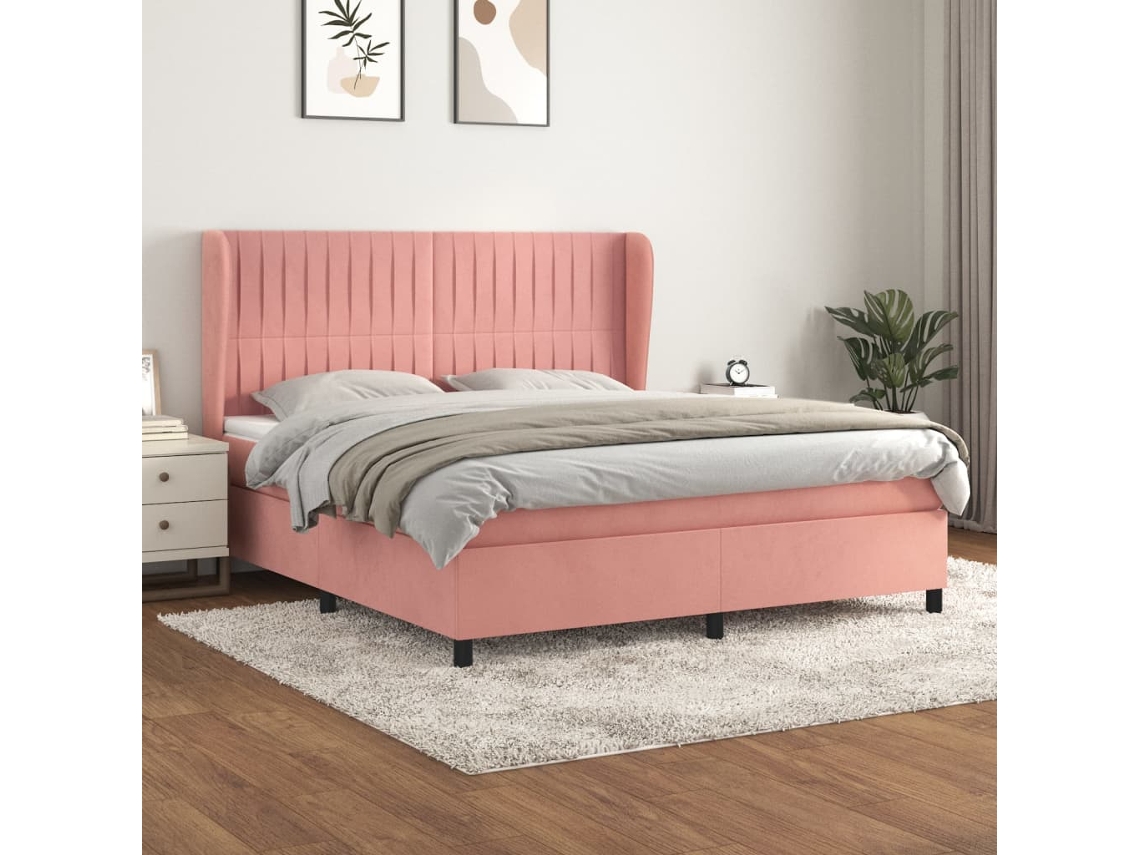 Vidaxl Cama Com Molas/colchão 160x200 Cm Veludo Rosa