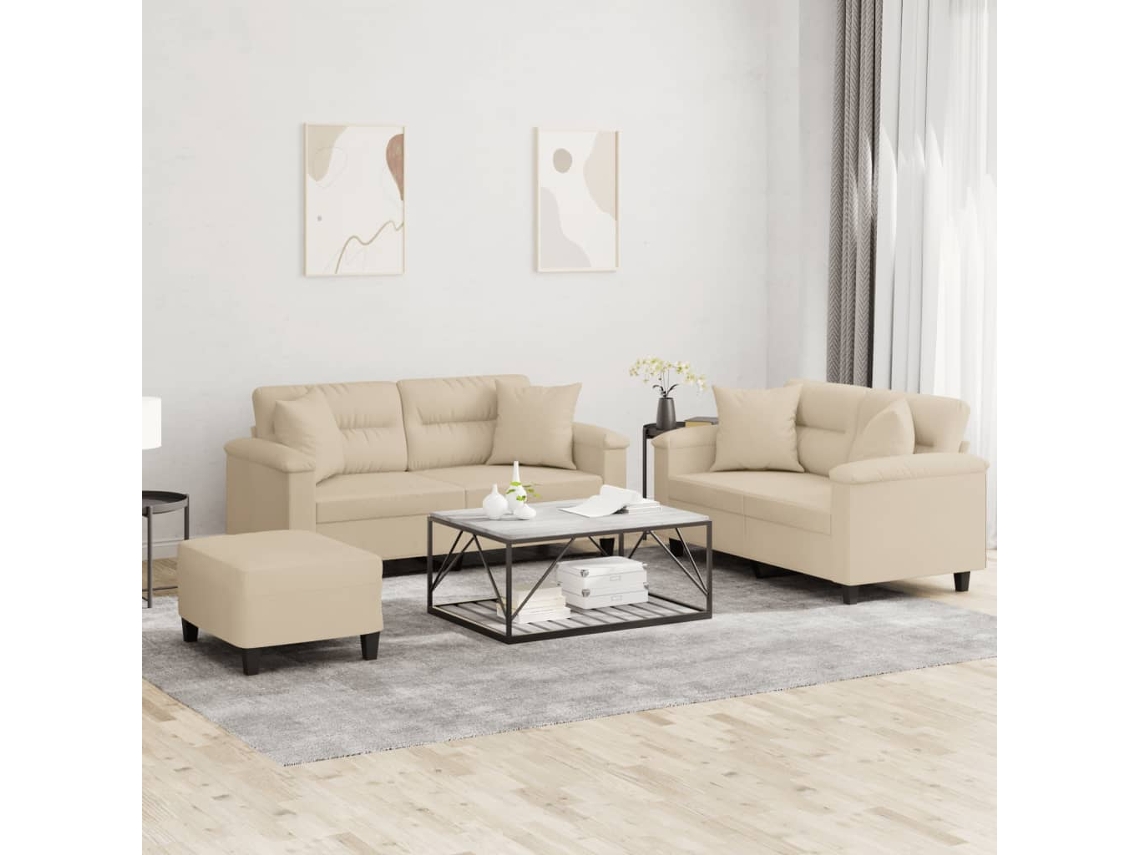 Vidaxl 3 Pcs Conjunto Sofás C/ Almofadas Tecido Microfibra Cor Creme
