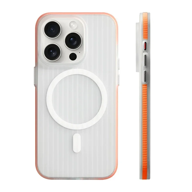 Capa Para Iphone 14 6.1 Laranja Com Carregamento Sem Fio E Estampa Listrada, Com Moldura Fosca Resistente A Quedas.