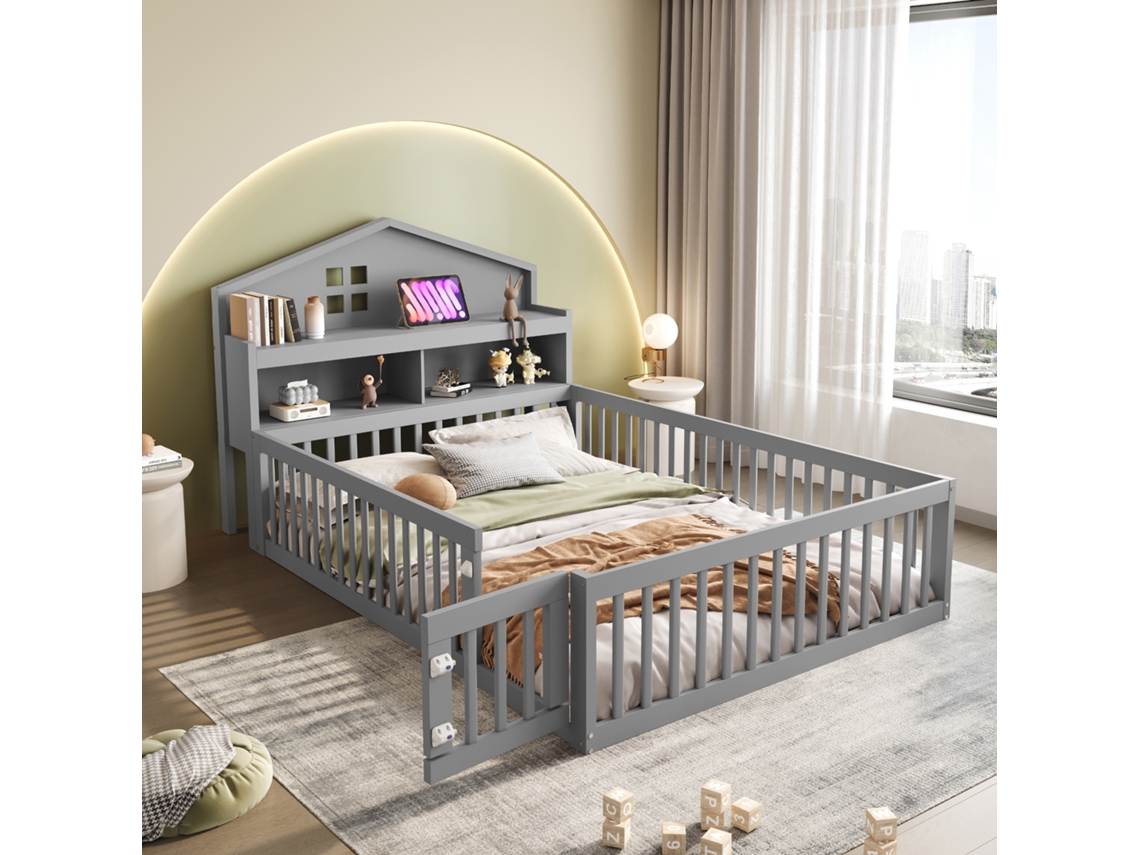 Cama Infantil Cinza 140x200cm Madeira Maciça, Casa, Prateleiras, Grade, Quadro, Ripas. -op