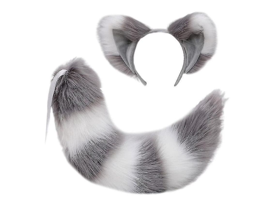 Conjunto De Orelhas E Cauda De Animal Peluda Fox Raccoon Gato Lobo Para Halloween Natal Festa Disfarce Gris Branco
