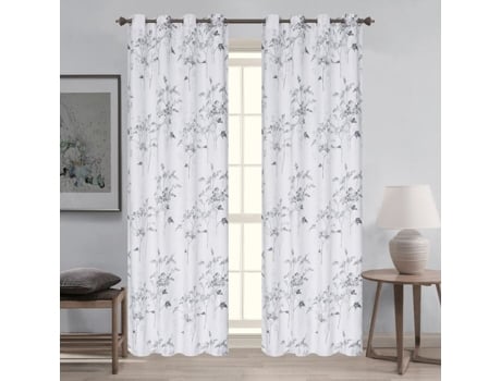 Pareo De Cortinas Blackout Com Ilhós Padrão Vegetal Cinza 140x260 Cm