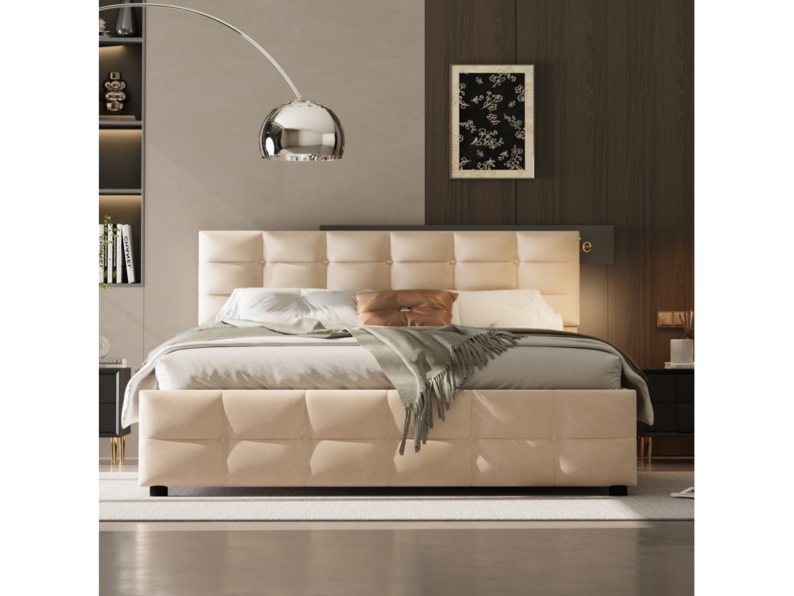 Cama Casal 180x200cm Veludo Holandês, Hidráulica, Base Ripada, Capacidade 300kg, Sem Colchão, Bege KOMHTOM