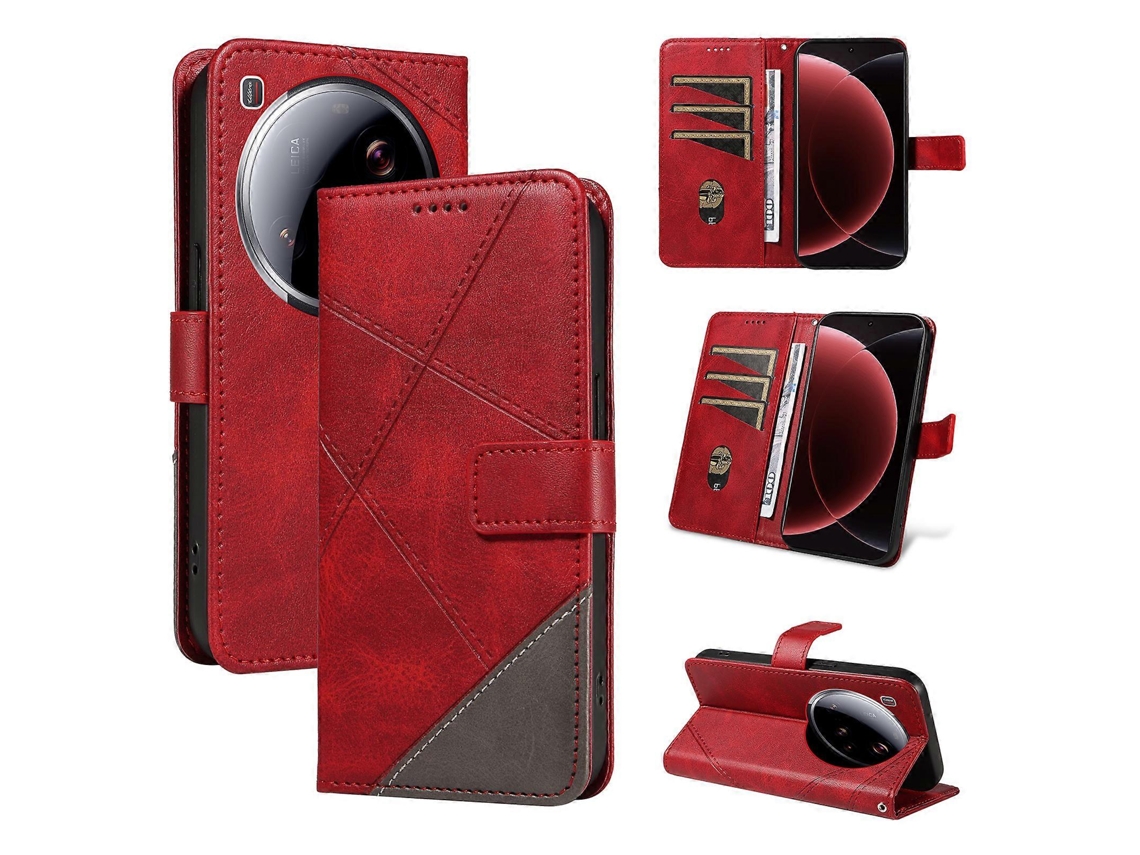 Capa De Couro Com Design Geométrico E Alça De Pulso Para Xiaomi 15 Ultra, Vermelha