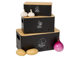 Conjunto 3 Caixas Legumes - Caixa Batatas - Recipiente Armazenamento Cozinha - Com Tampa - Aço Carbono - Preto