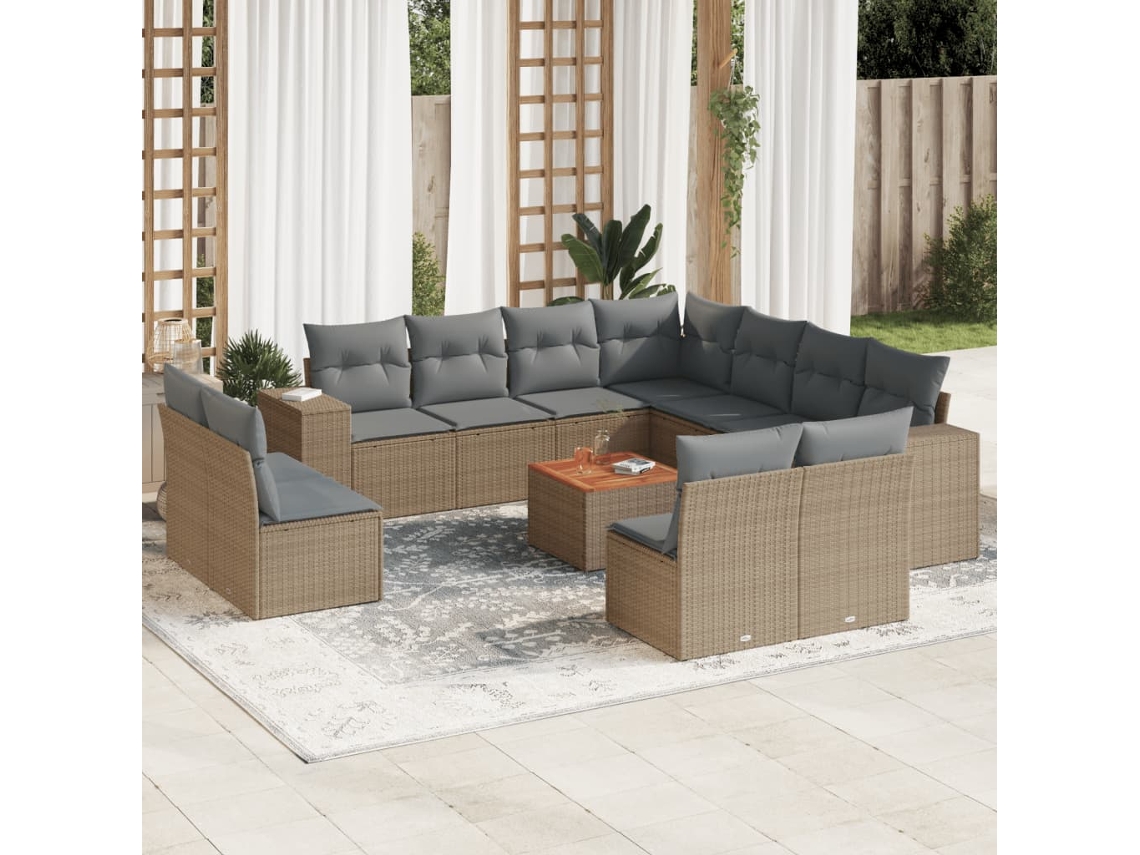 Vidaxl 12 Pcs Conjunto De Sofás P/ Jardim Com Almofadões Vime Pe Bege
