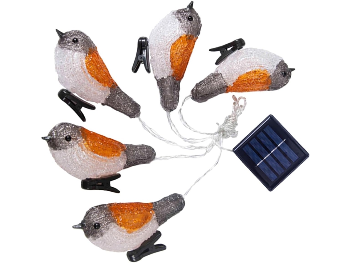 Luzes Solares De Led Em Formato De Pisco-de-peito-ruivo Com 5 Prendedores De Pássaros Brancos E Amarelos.