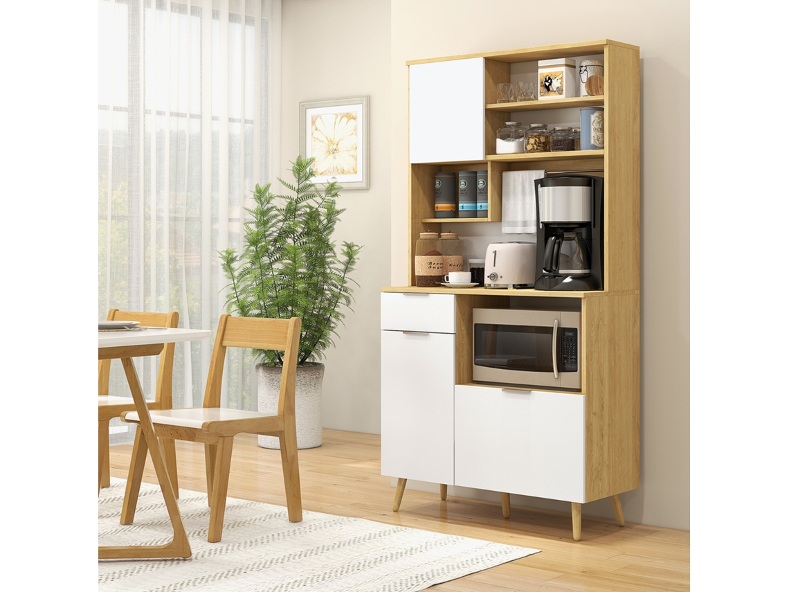 Despensa Alta Mista Madeira Branco 93x40x180 Cm 3 Portas Gaveta Bancada Micro ondas Suporte Panos Cozinha ZIWEI STORE