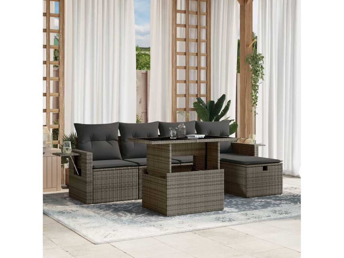 Vidaxl 6 Pcs Conjunto Sofás De Jardim Com Almofadões Vime Cinzento