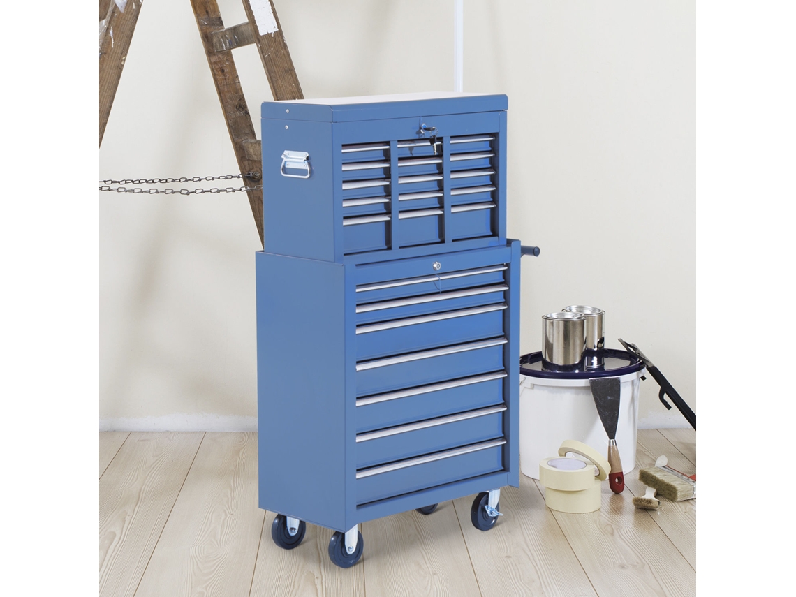 Workshop Trolley With Tool Box, Empty Tool Trolley, Lockable With Drawers, Tool Compartment, Keys And Anti-slip Mats, Blue