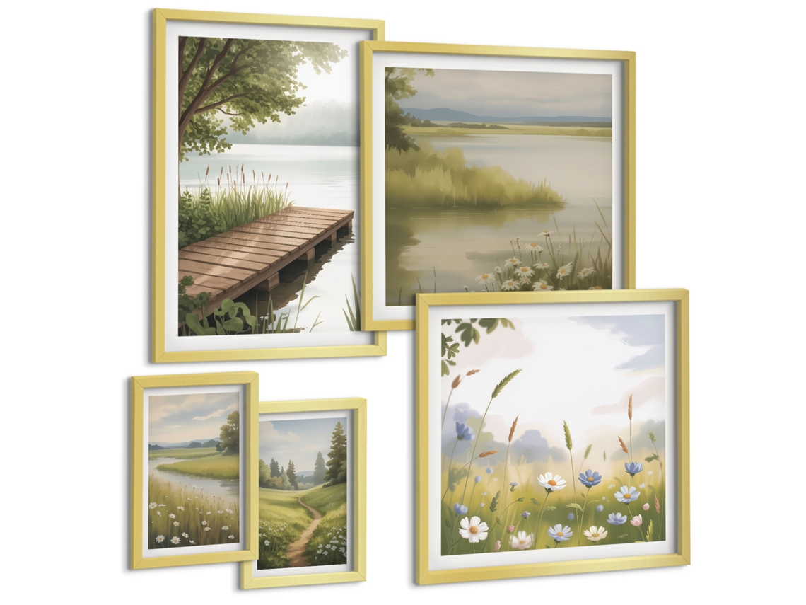 Conjunto De Pinturas Paisagens Tranquilas Com Trapiche Prados Espelharte (5 Peças)