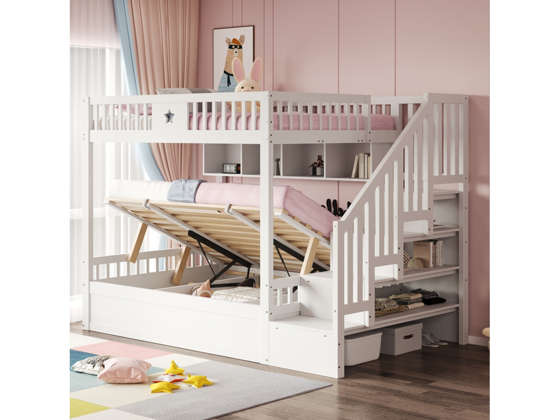 Cama de Madeira 140*200cm, Hidráulica Embaixo da Cama, Escadas de Armazenamento, Prateleiras, Cama Loft, Beliche, Cama Juvenil, Branca Ge