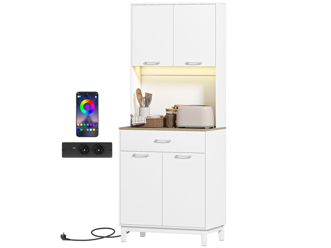 Buffet Alto C/ Led, Carregador, 4 Portas, Gaveta, Tampo, Branco