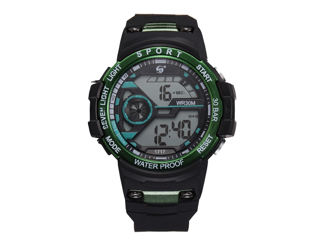 Relógio esportivo digital à prova d'água para homens e estudantes, pulseira de borracha verde.