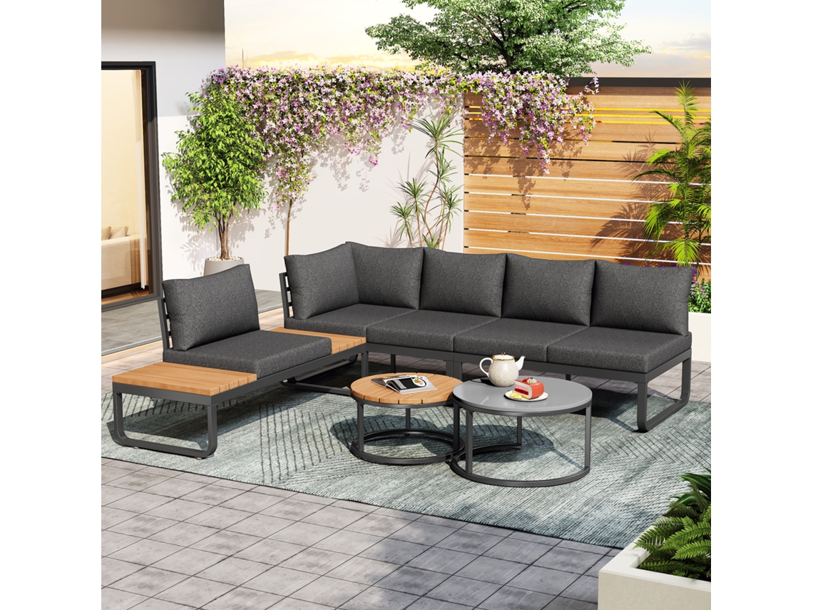 Conjunto De Móveis De Jardim (4-5 Lugares) Com 2 Mesas Empilháveis, Estrutura De Ferro Galvanizado, Almofadas Cinzas Incluídas E Pés Ajustáveis.