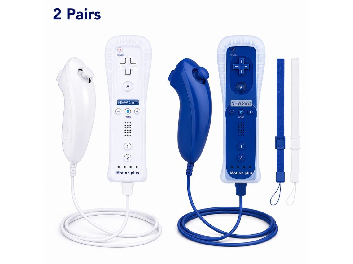 Conjunto de 2 Pares de Controladores Não Originais, Branco Azul, Wii Motion Plus, Para 4 Jogadores YANYXR