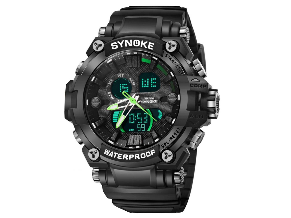 Relógio eletrônico multifuncional masculino, pulseira moderna e simples, preto e verde.