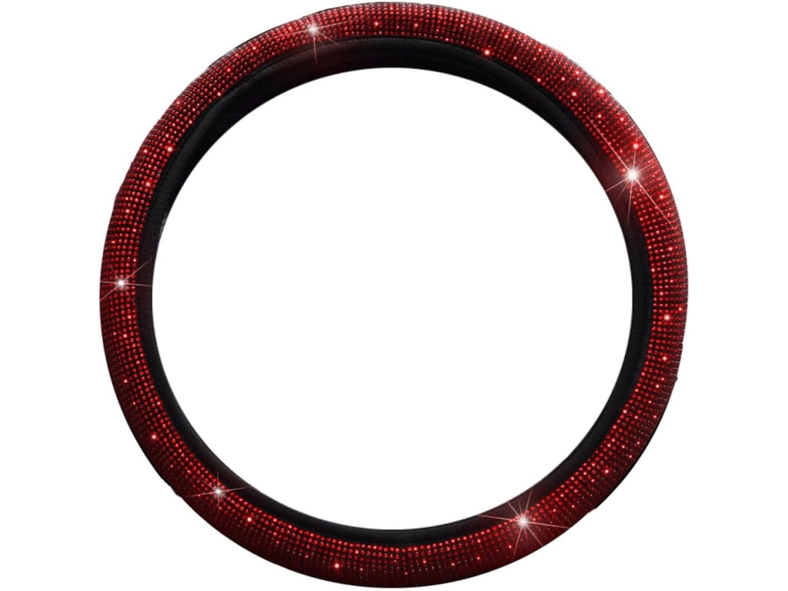 Capa De Volante Redonda Antiderrapante Em Tecido Vermelho Diamante Para Carro.