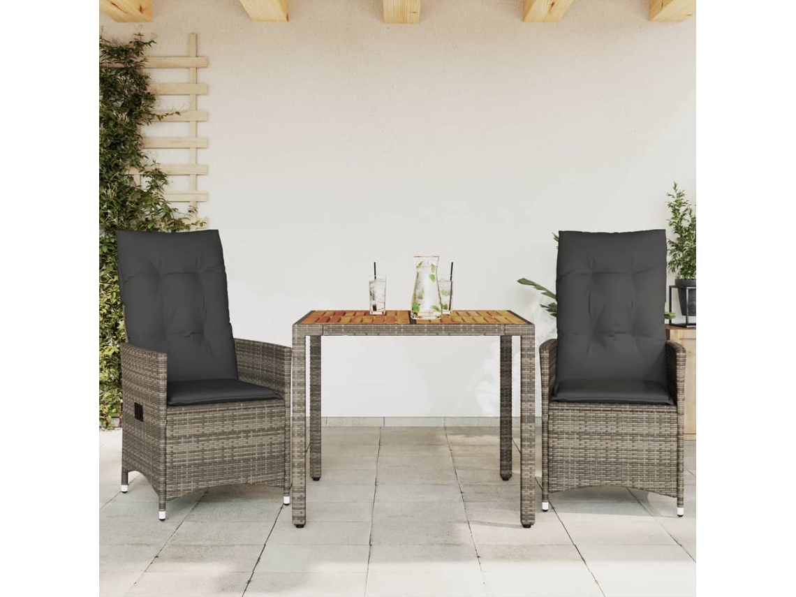 Vidaxl 3 Pcs Conjunto Bistrô Com Almofadões Vime Pe Cinza