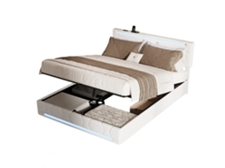 Cama Estofada De 140x190 Cm, Cama De Casal Com Baú E Estrado De Ripas, Cabeceira Regulável Em Altura Com Led E Usb, Cama Funcional. Mexus