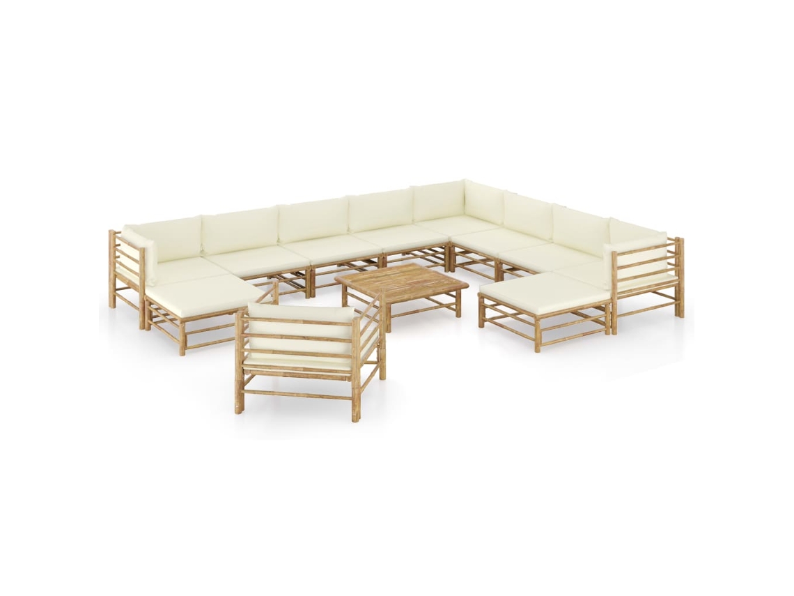Vidaxl 12 Pcs Conj. Lounge Jardim Em Bambu C/ Almofadões Branco Nata