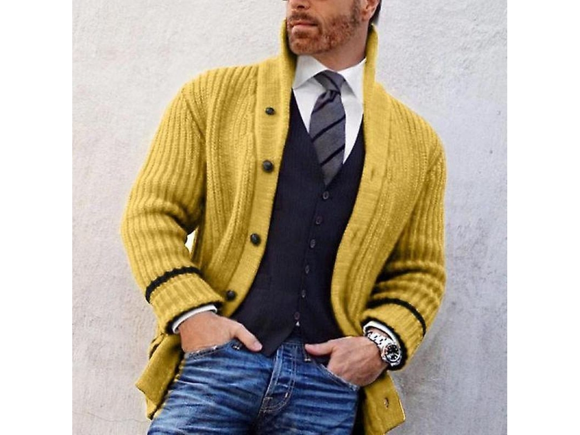 Suéter masculino casual de outono Rebe com botões e gola alta, modelagem slim, tamanhos P-XXXL, amarelo, vermelho, cáqui, preto, cinza, tamanho G, amarelo