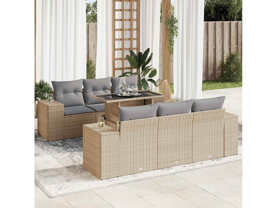 Vidaxl 7 Pcs Conjunto De Sofás P/ Jardim Com Almofadões Vime Pe Bege