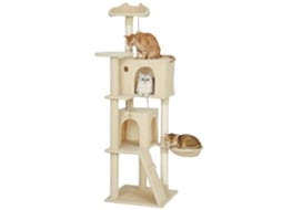 Arranhador para Gatos de 160 Cm com Plataformas, Cama, 2 Tocas, Rede, Escada e Postes de Sisal Bege. ESSÊNCIACASA