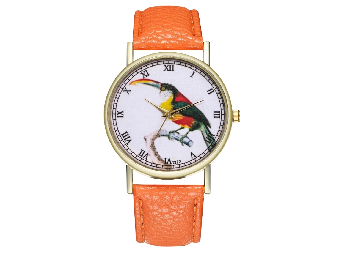 Relógio de quartzo unissex Zhoulianfa com pulseira de couro PU e mostrador com desenho de pássaro (laranja)