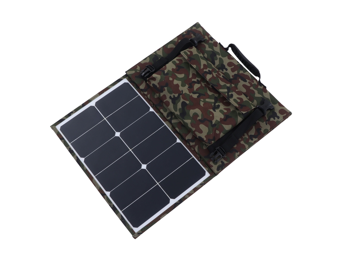 Painel solar dobrável portátil de 80 W com saídas USB de 5 V e CC de 18 V para camping e estações de energia.