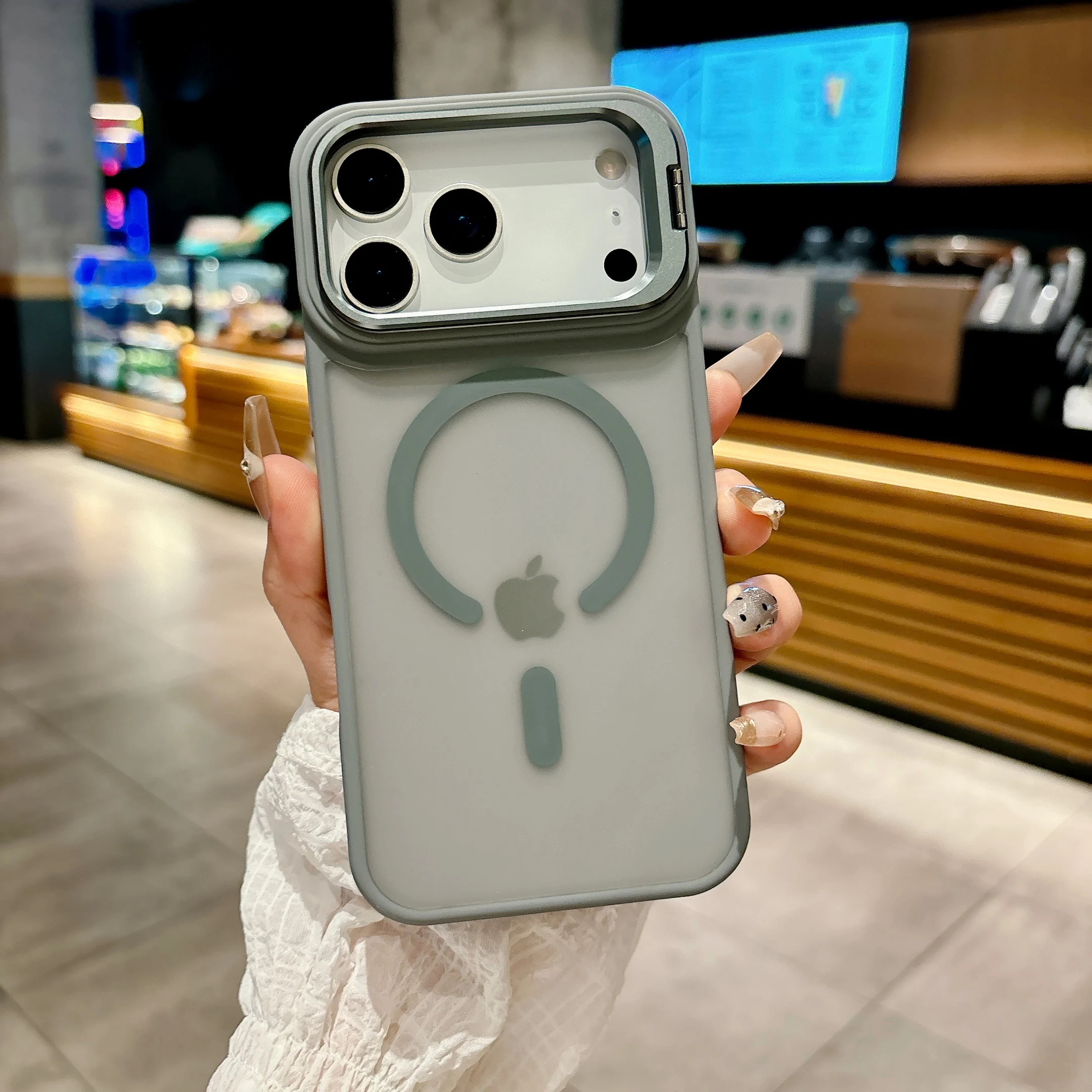 (iphone 17, Cinza) Capa Protetora Magnética Fosca Translúcida Para Iphone Com Suporte De Metal, Compatível Com Magsafe.