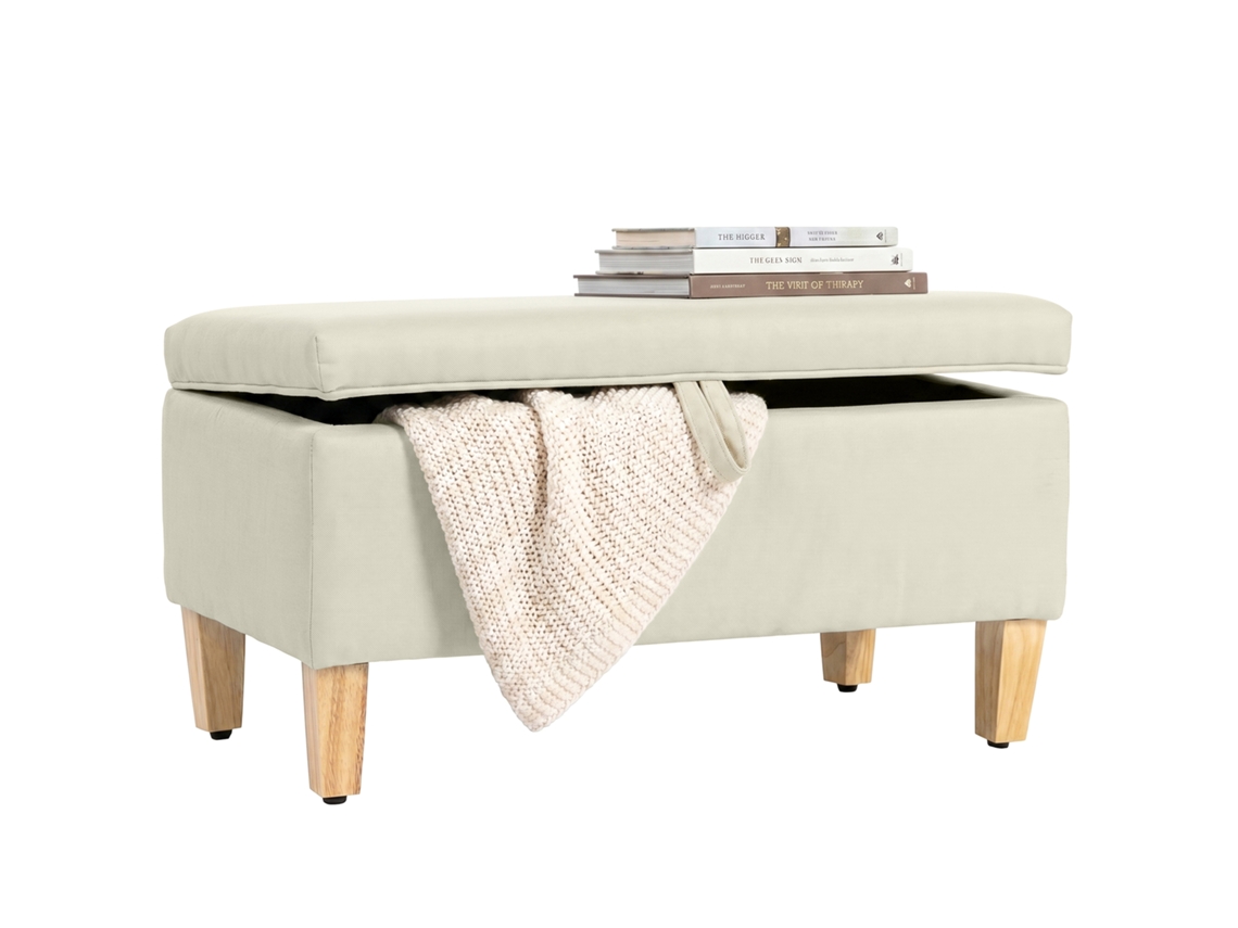 Banco Com Espaço De Armazenamento, Banco Para Os Pés Da Cama, Apoio Para Os Pés Estofado Em Linho Com Pés De Madeira De Seringueira, 71x37x36cm, Bege