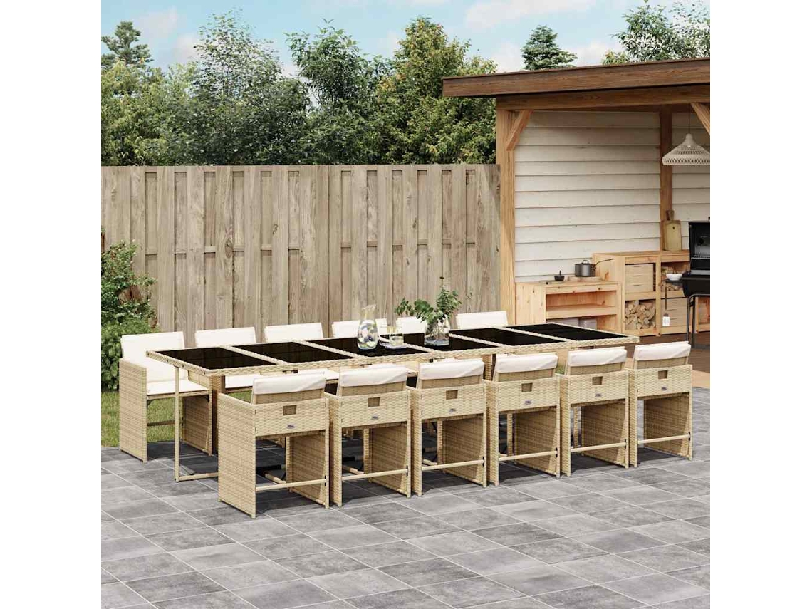 Vidaxl 13 Pcs Conjunto De Jantar P/ Jardim Com Almofadões Vime Pe Bege