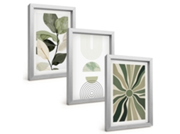 Conjunto De Pinturasmotivos Vegetais, Geometria Verde Moldura Prateada Quadros Para A Sala De Estar Espelharte (3 Peças 20x30 Cm)