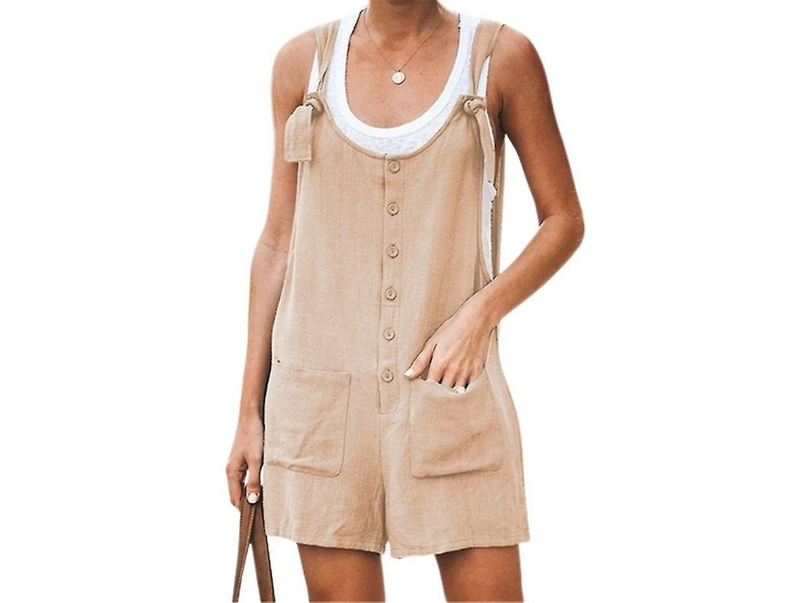 Macacão Curto Plus Size Feminino Gola Careca de Botões Casual com Bolsos Macacão Simples 5xl Bege