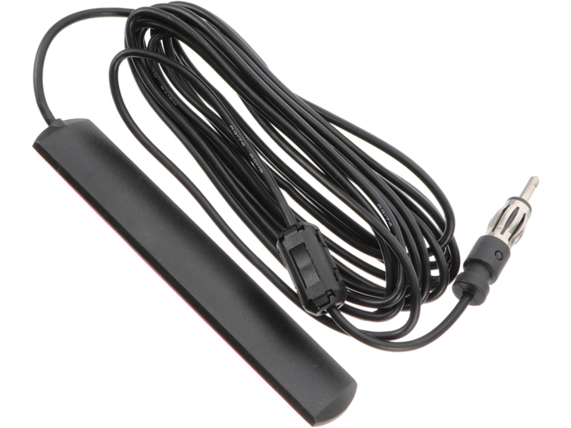 Antena Preta FM Patch para carro e caminhão, feita de alumínio e cobre, design compacto.