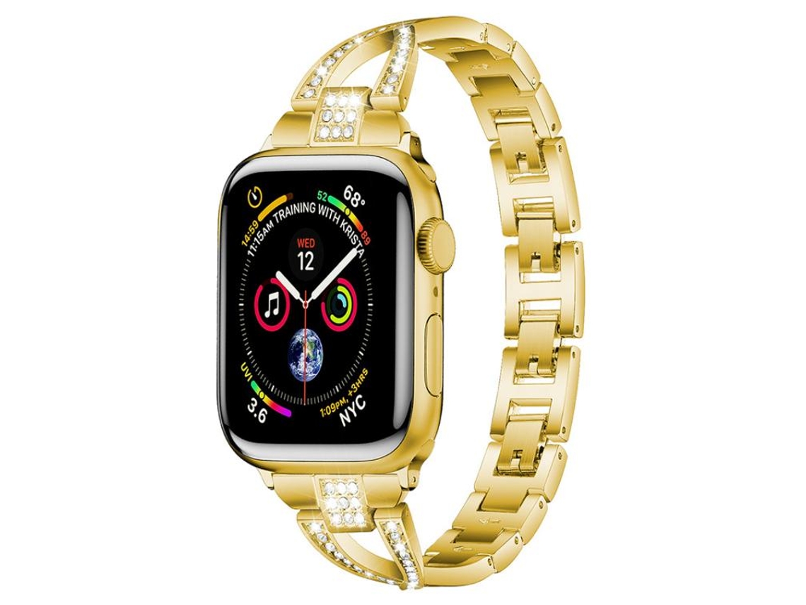 Bracelete para Apple Watch 46/49/45/44mm Metal com Diamante Formato X Dourada XIAOMOYU