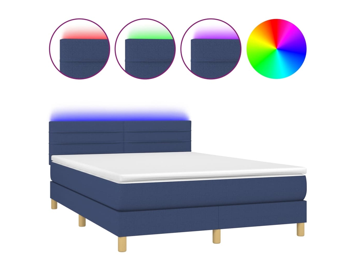 Cama Box Spring com Colchão e Led 140x190 cm Tecido Azul MAISON EXCLUSIVE
