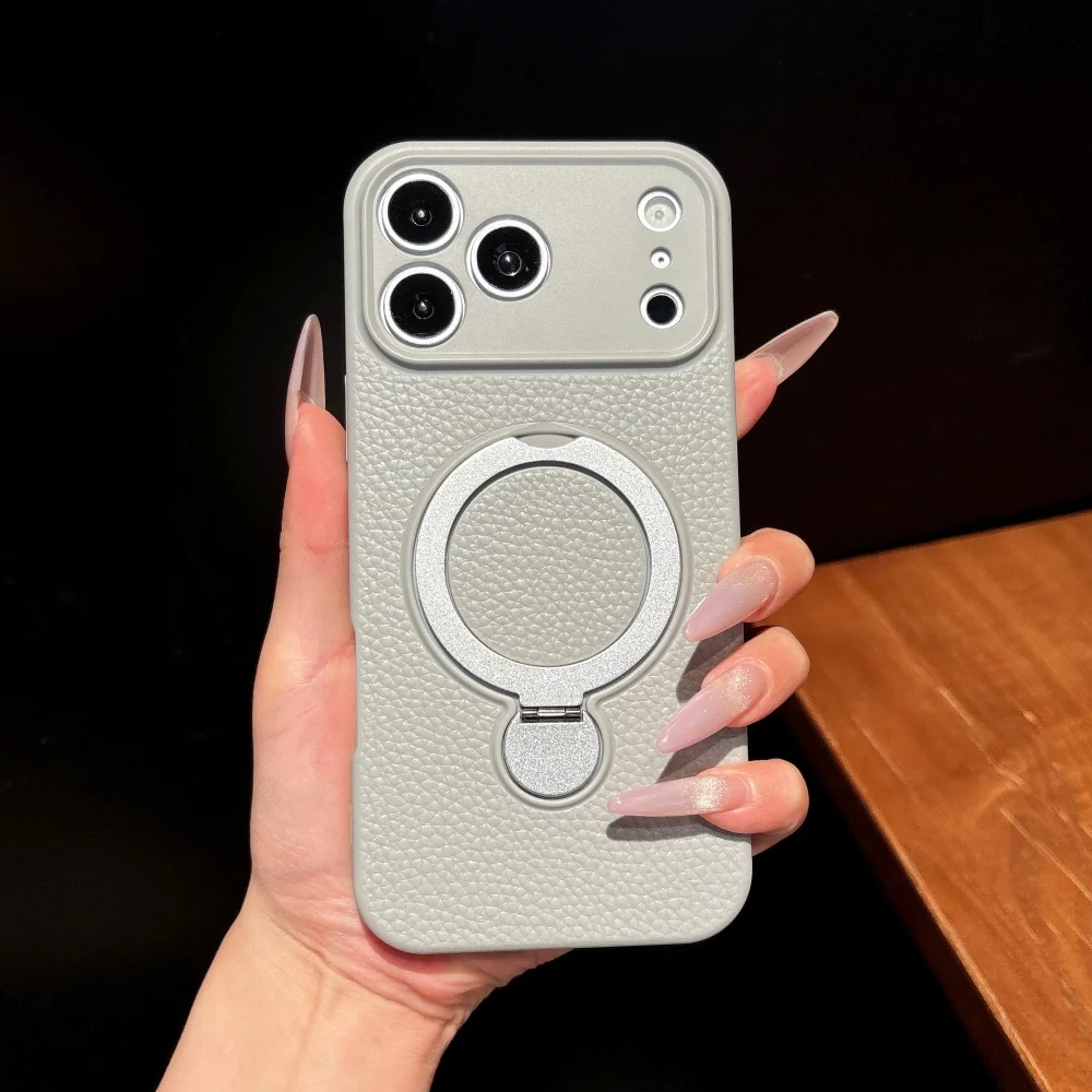 Capa Protetora Com Suporte Magnético (cinza Para Iphone 14 Pro Max), Resistente A Impactos E Com Textura De Couro.