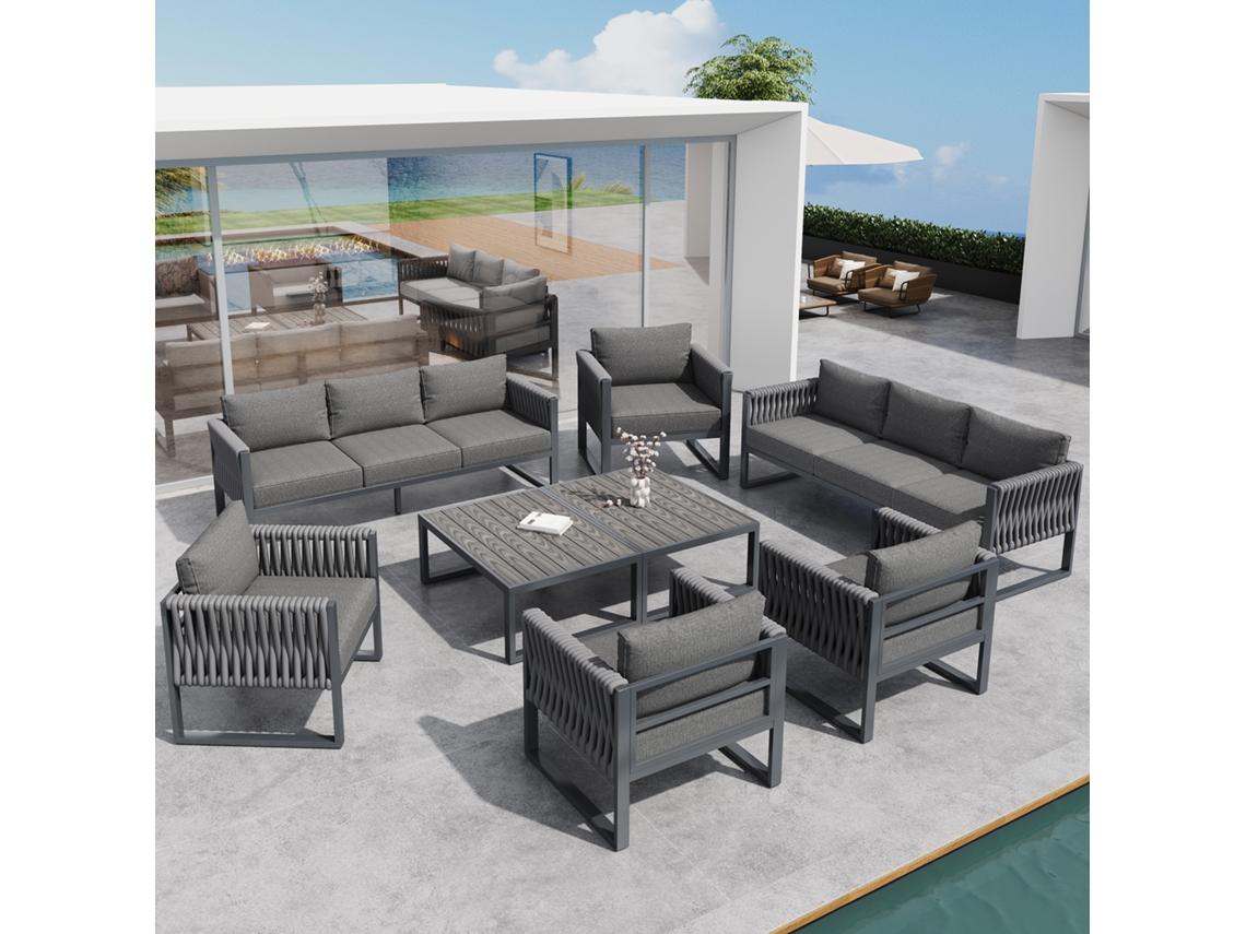 Conjunto Sofá Jardim 10 Lugares, Metal Inox, Estofamento, Pernas Ajustáveis, Cinza Cs