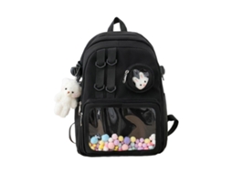 Mochila Escolar De Nylon Versátil Com Bolso Transparente E Grande Capacidade Para Estudantes, Na Cor Preta.