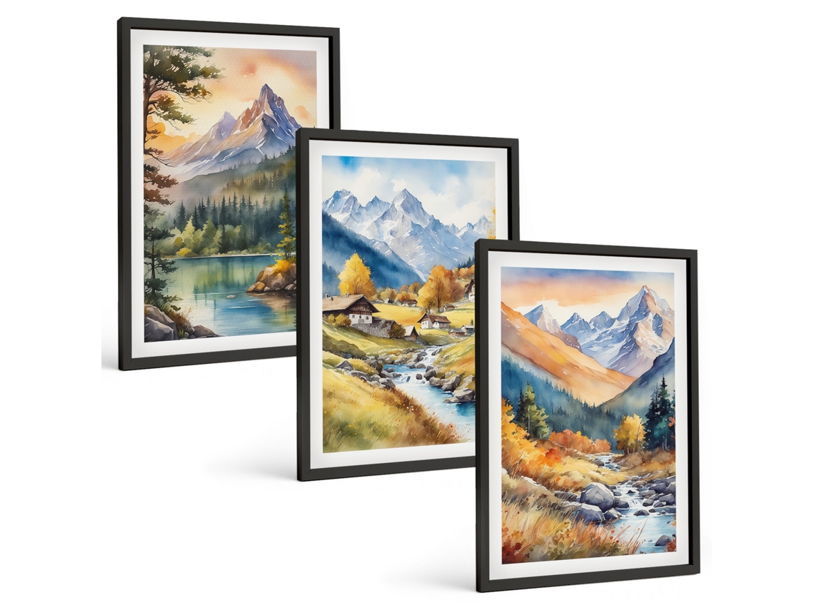 Conjunto De Pinturas Paisagem De Montanha Com Rio Moldura Preta Imagens Para Um Quarto Infantil Espelharte (3 Piezas De 40x60 Cm)