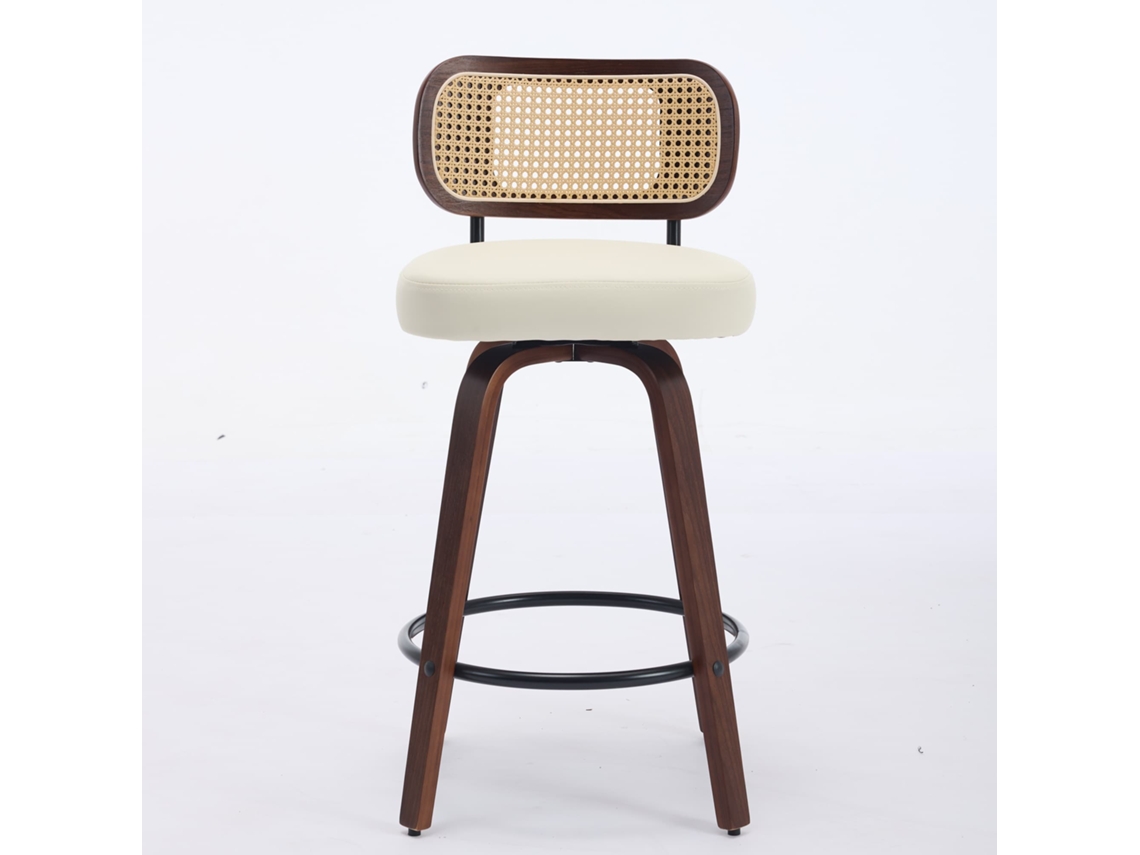 Banquetas De Bar 2 Unidades - 56 Cm Giratórias Em Rattan Com Encosto Em Cana E Assento Estofado - Bege