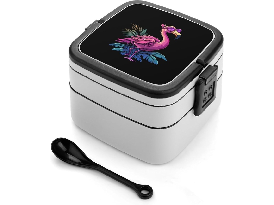 Lancheira Bento Flamingo Ave Tropical Com 2-compartimentos E Colheres Para Preparar Refeições, Ideal Para Atividades Ao