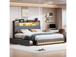 Cama De Casal 140x190 Cm Estofada Em Linho,cabeceira Com Armazenamento E Luz Led,total De 4 Gavetas,colchão Não Incluído